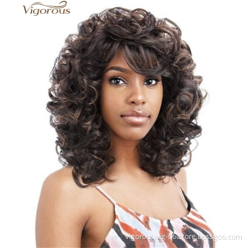 Vigorous Medium Long Curly Black Mixed Light Brown Synthetic Wigs With Bangs For Black Women Glueless Heat Resistant Hair Wigs